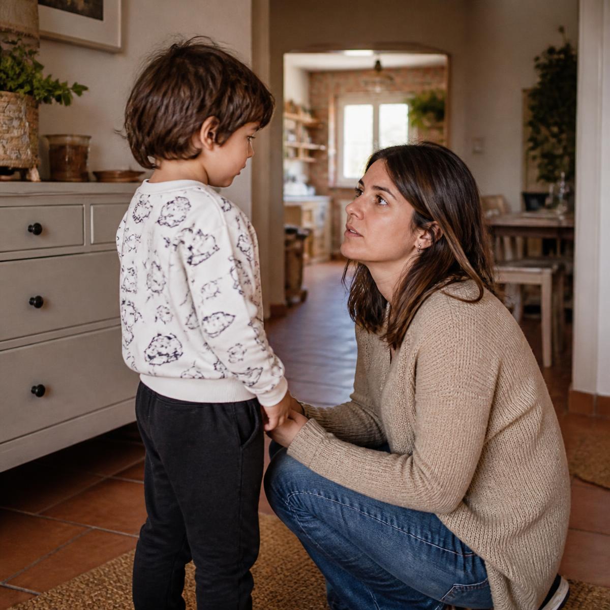 Madre agachada hablando a la altura de los ojos con su hijo pequeño